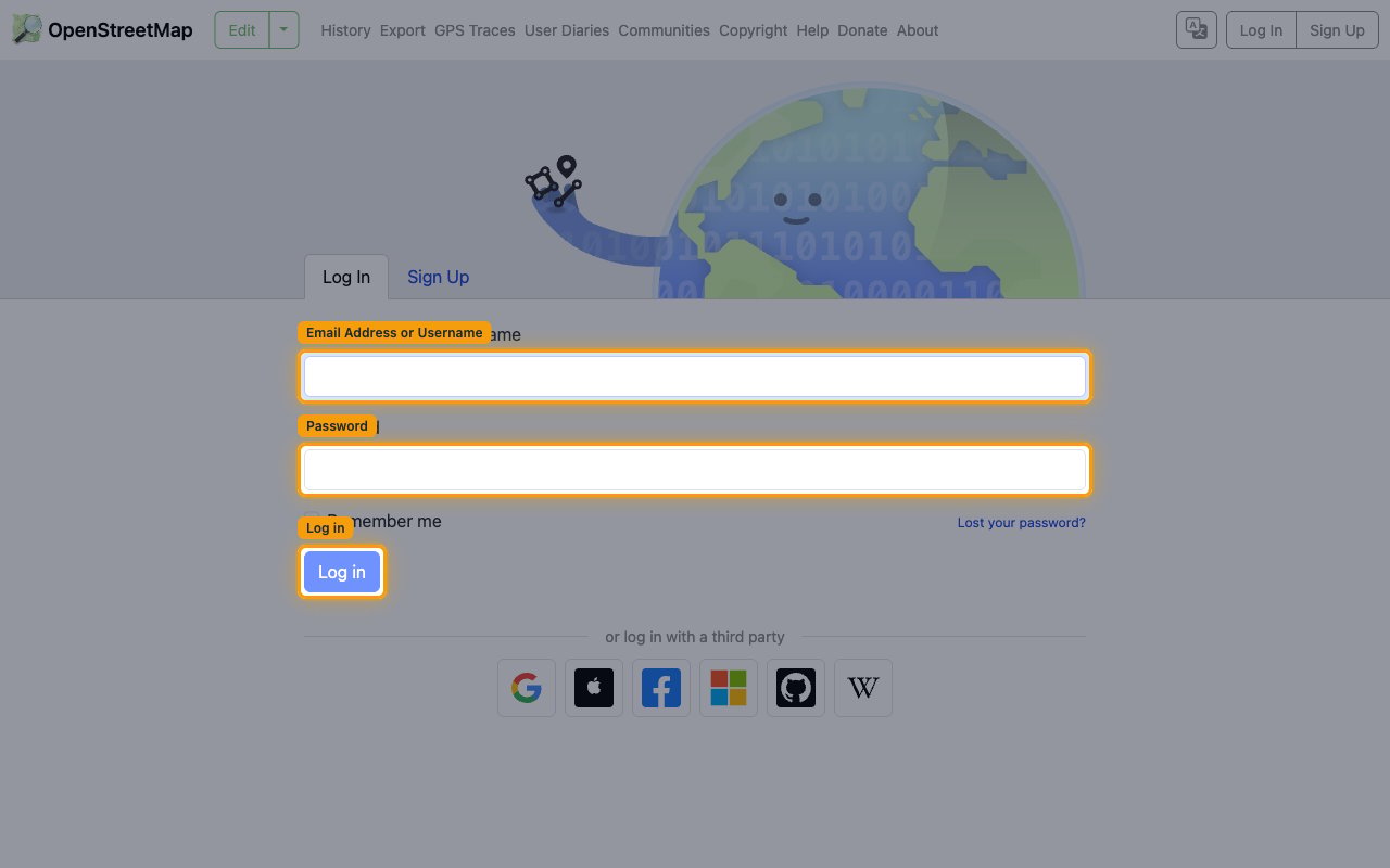 OpenStreetMap Log In page with the Email Address or Username field, Password field, and Log in button.