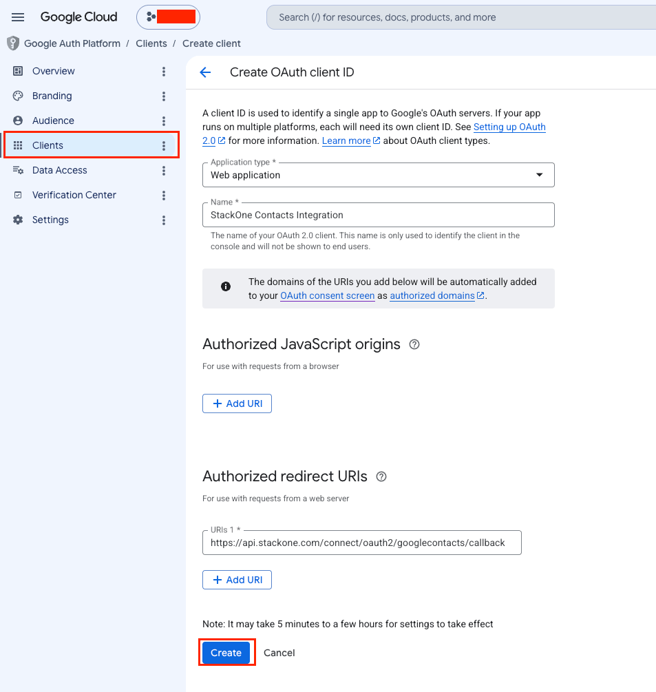 Create OAuth 2.0 form