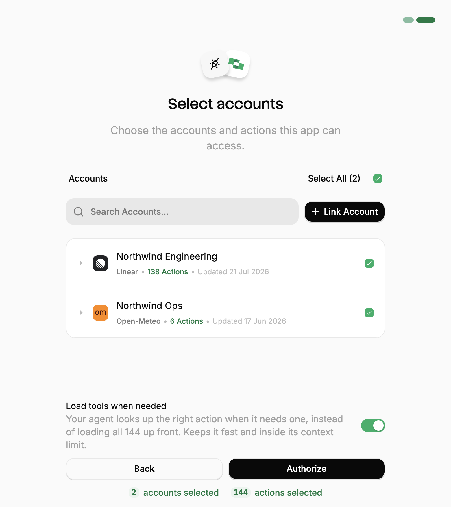 StackOne authorization screen showing two linked accounts, Linear and Open-Meteo, both selected, above the Load tools when needed toggle