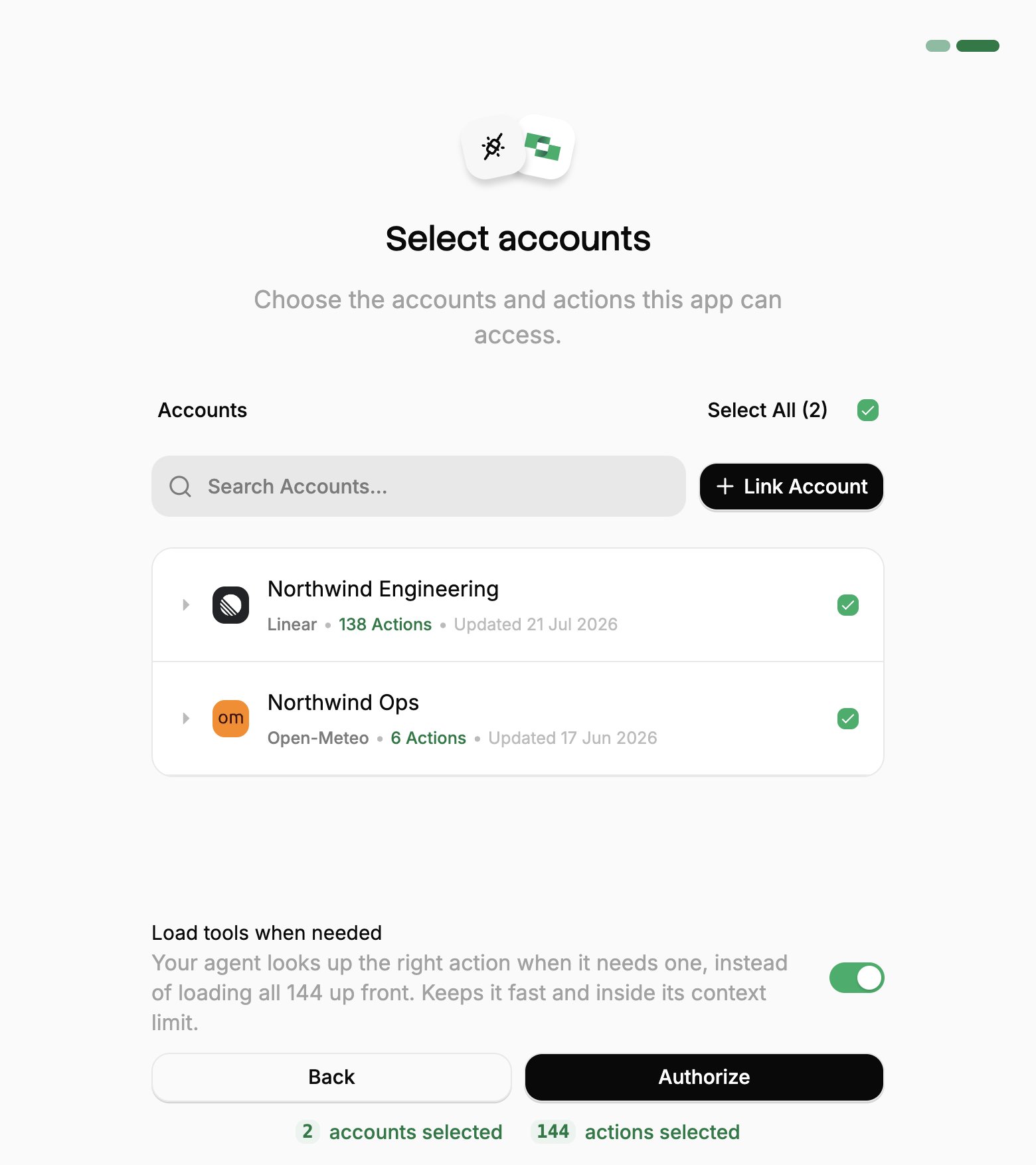 StackOne authorization screen showing two linked accounts, Linear and Open-Meteo, both selected, above the Load tools when needed toggle