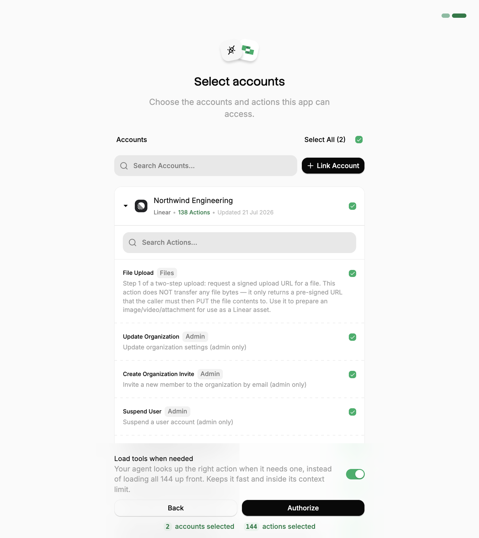 An expanded linked account showing individual actions with toggles, descriptions, and category tags