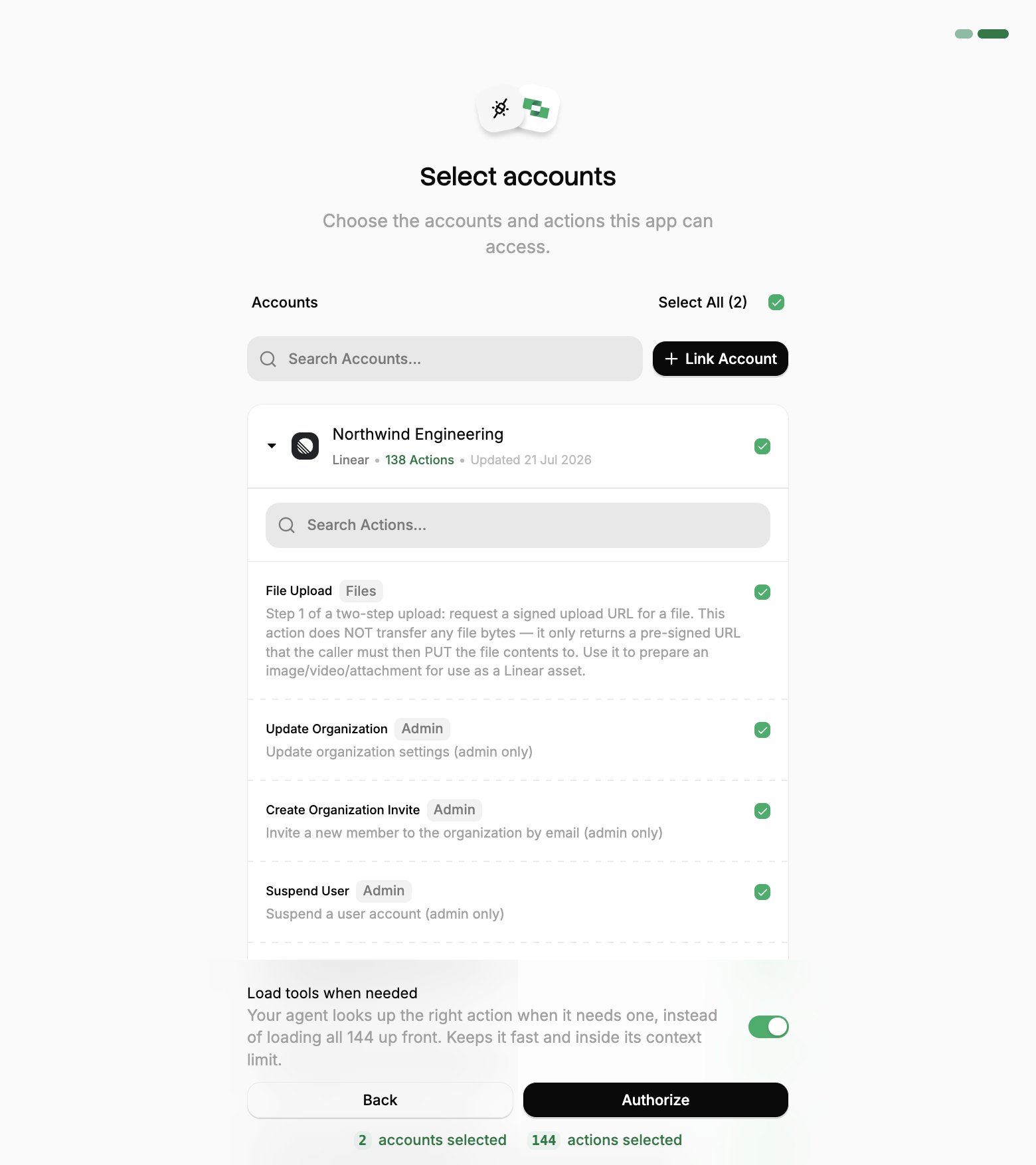 An expanded linked account showing individual actions with toggles, descriptions, and category tags