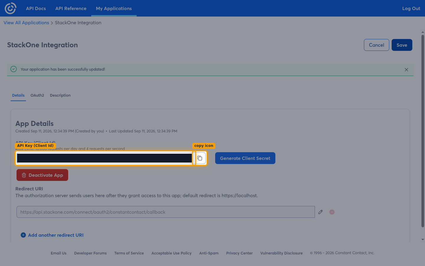 The App Details section with the API Key value and its copy icon highlighted