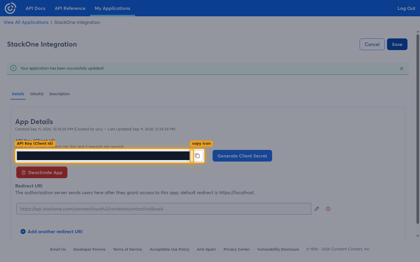 The App Details section with the API Key value and its copy icon highlighted