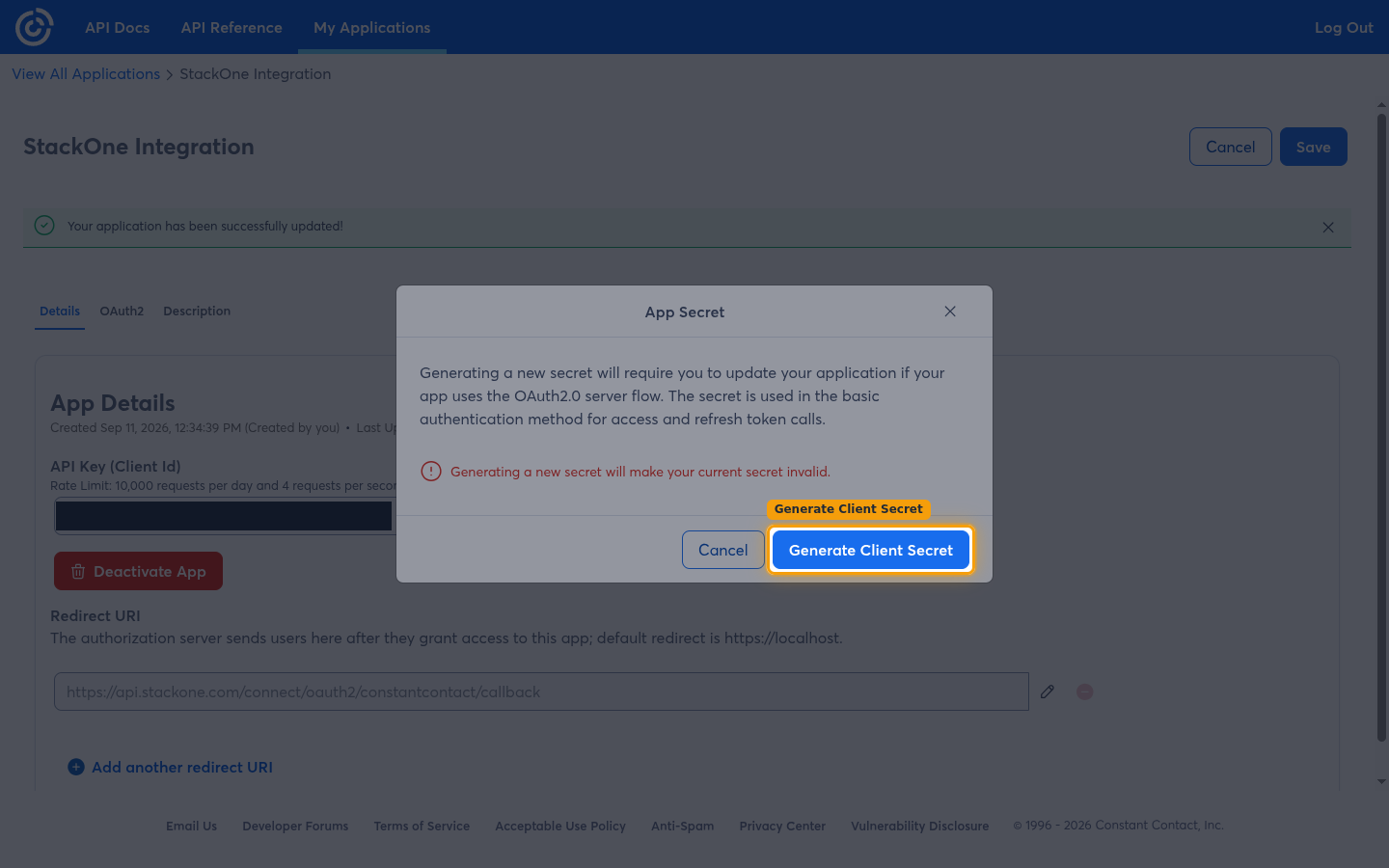 The App Secret confirmation dialog with the Generate Client Secret button highlighted