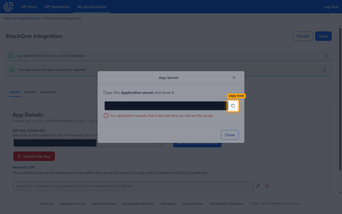 The App Secret dialog showing the generated secret redacted, with the copy icon highlighted