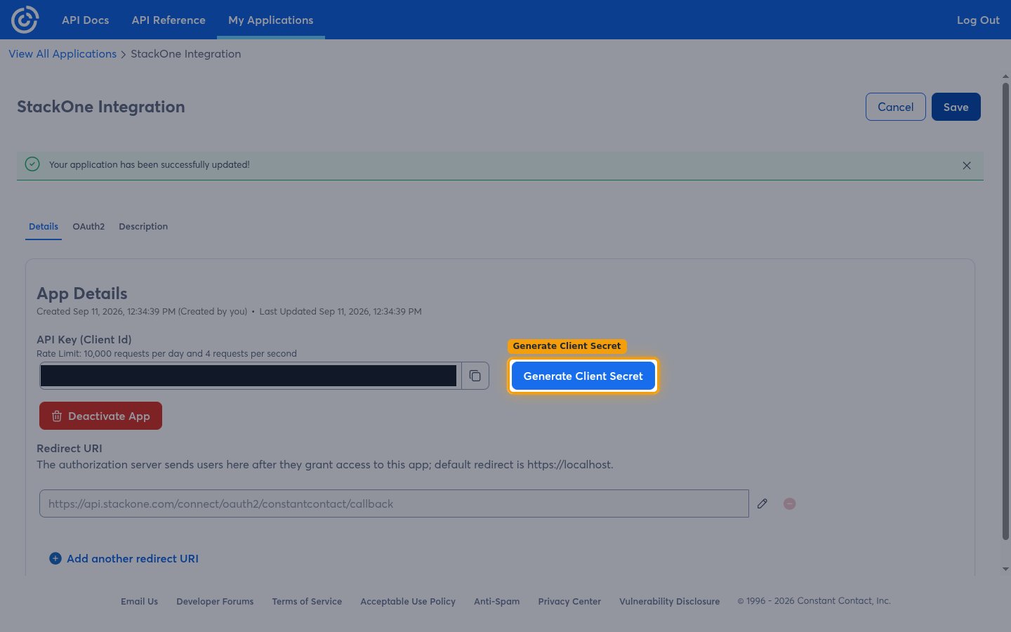 The App Details section with the Generate Client Secret button highlighted