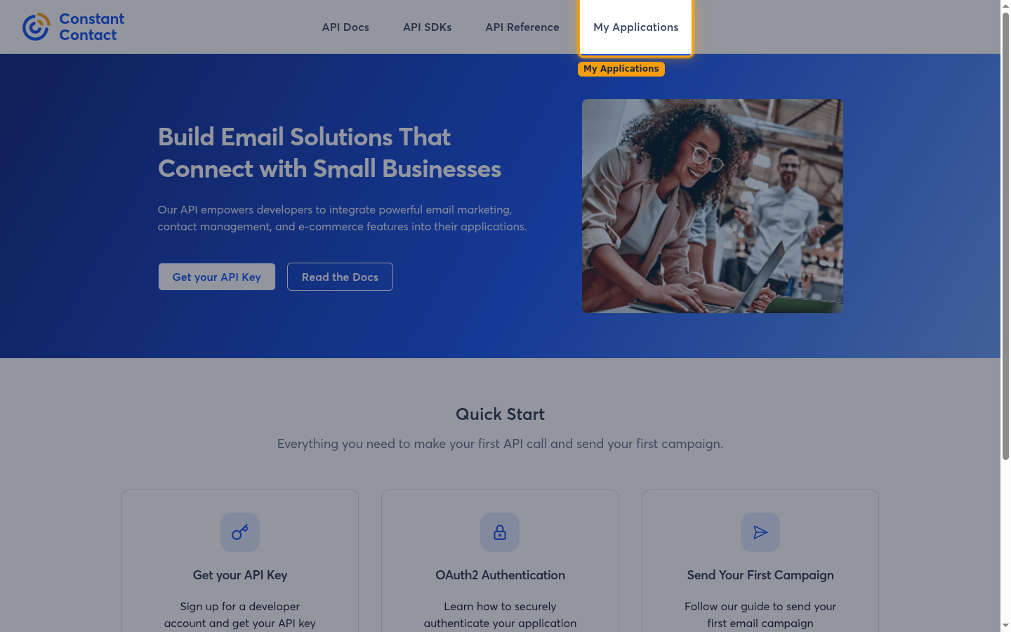 The Constant Contact developer portal home page with My Applications highlighted in the top navigation bar