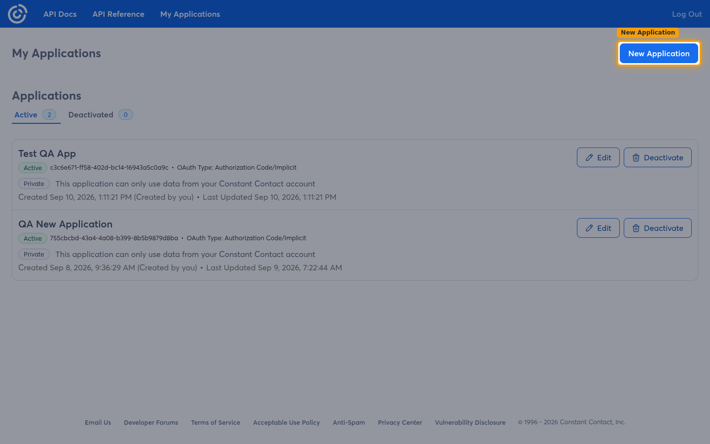 The My Applications page with the New Application button highlighted