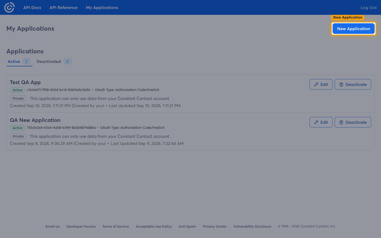 The My Applications page with the New Application button highlighted