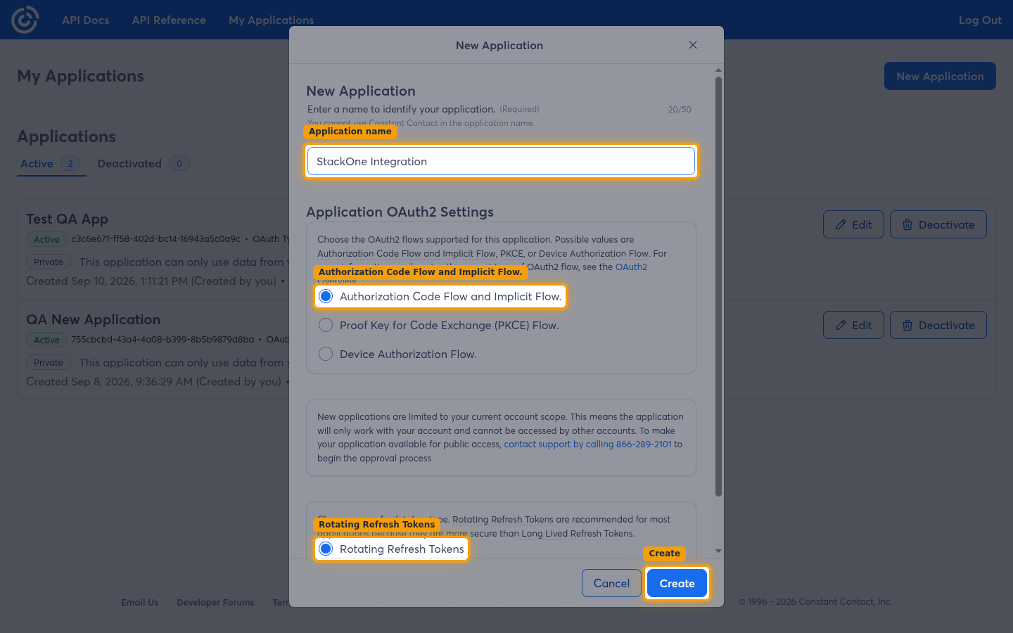 The New Application dialog with the name field, OAuth2 flow, refresh token type, and Create button highlighted