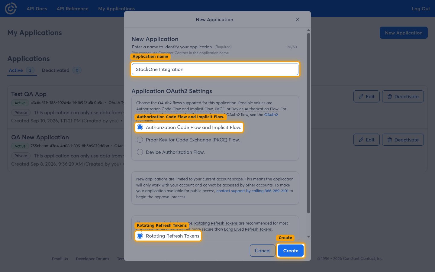 The New Application dialog with the name field, OAuth2 flow, refresh token type, and Create button highlighted