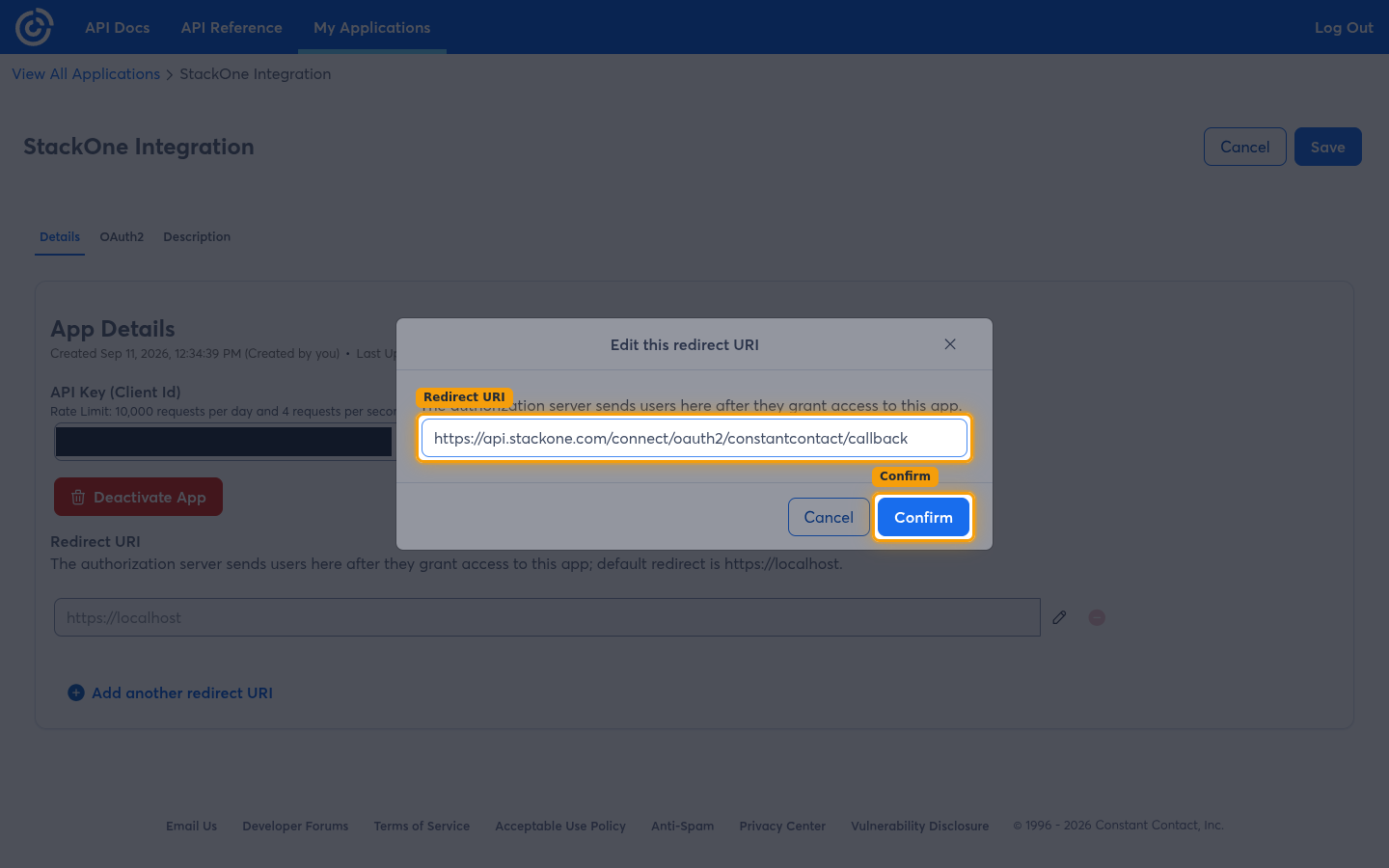 The Edit this redirect URI dialog with the callback URL entered and the Confirm button highlighted