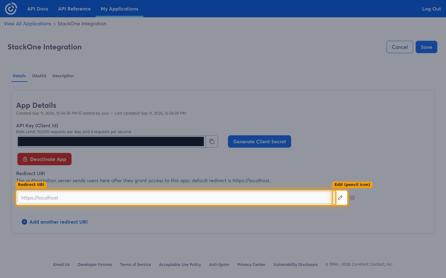 The application details page with the Redirect URI field and its pencil icon highlighted