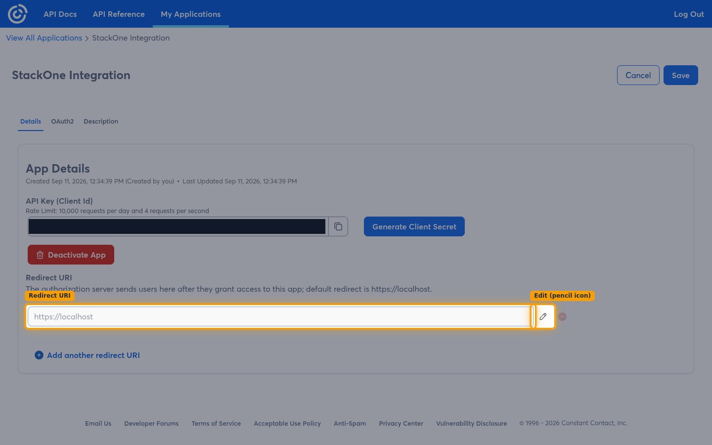 The application details page with the Redirect URI field and its pencil icon highlighted