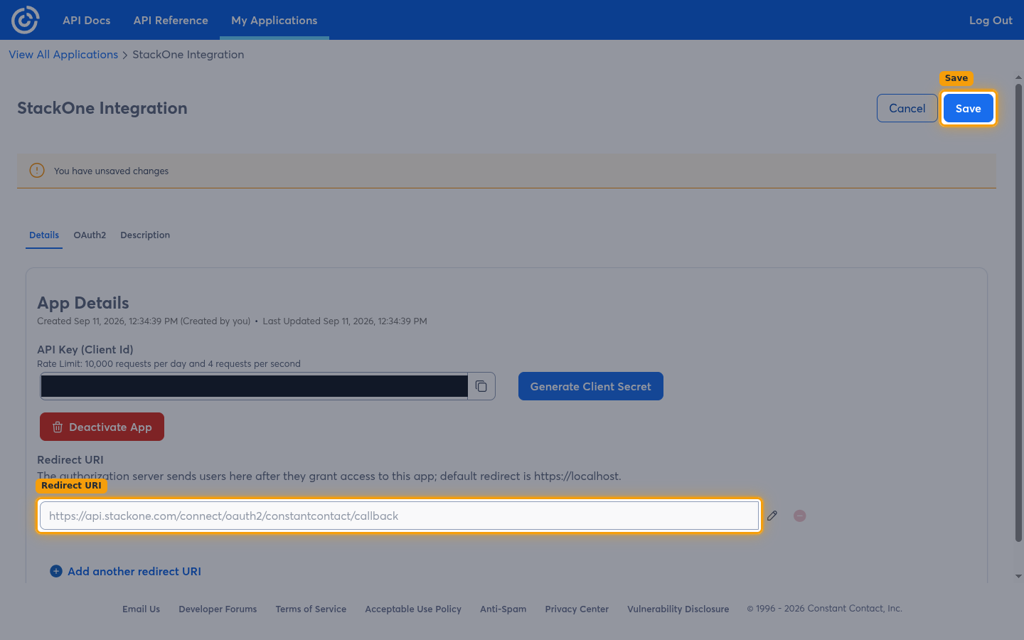The application details page showing the unsaved changes banner with the Save button highlighted