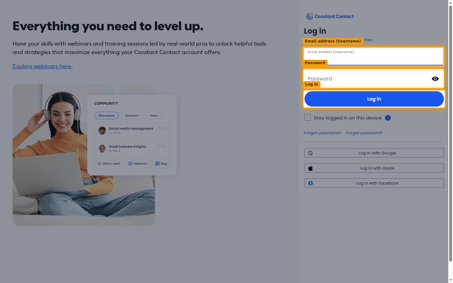 The Constant Contact log in page with the email, password, and Log in button highlighted