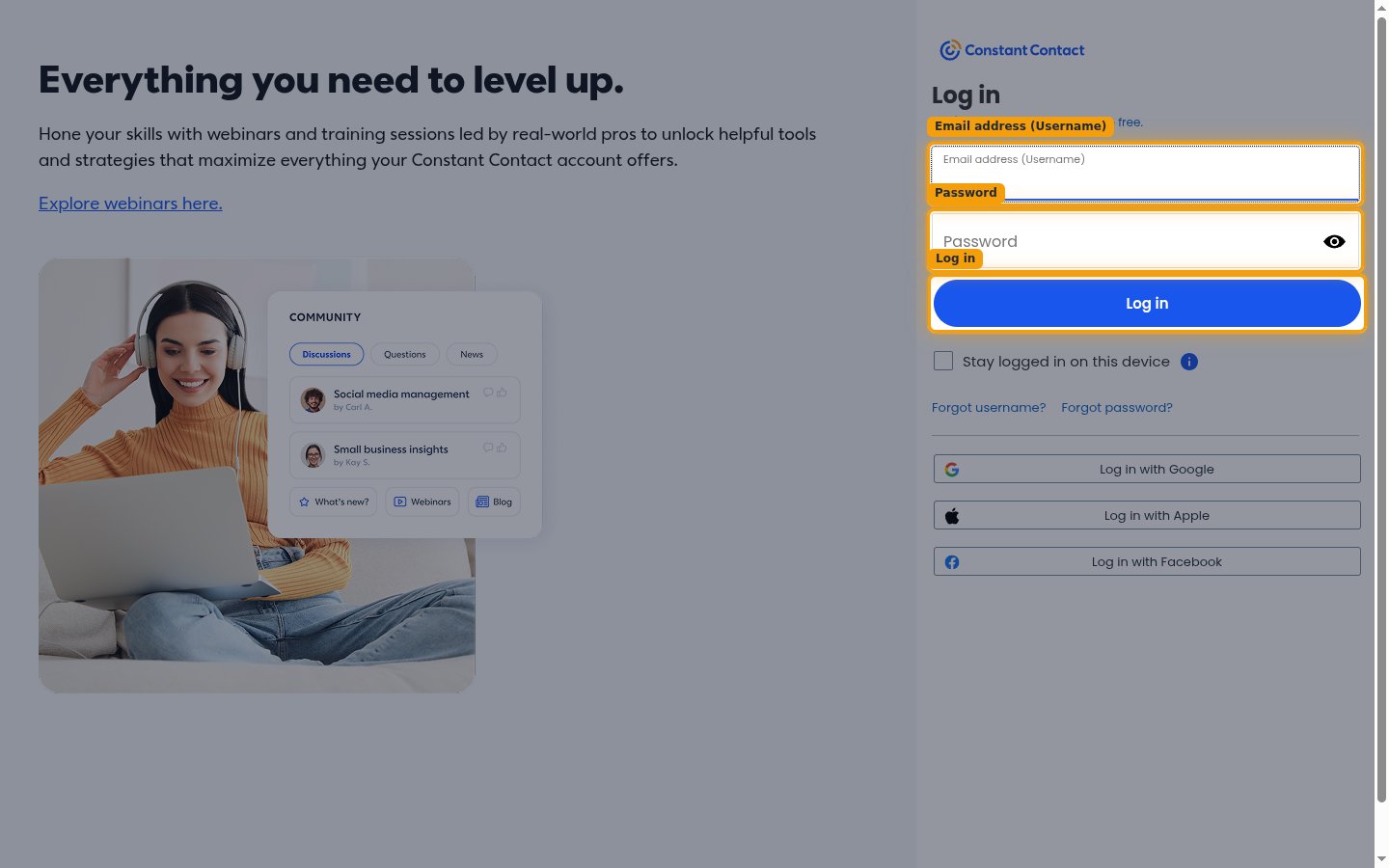 The Constant Contact log in page with the email, password, and Log in button highlighted