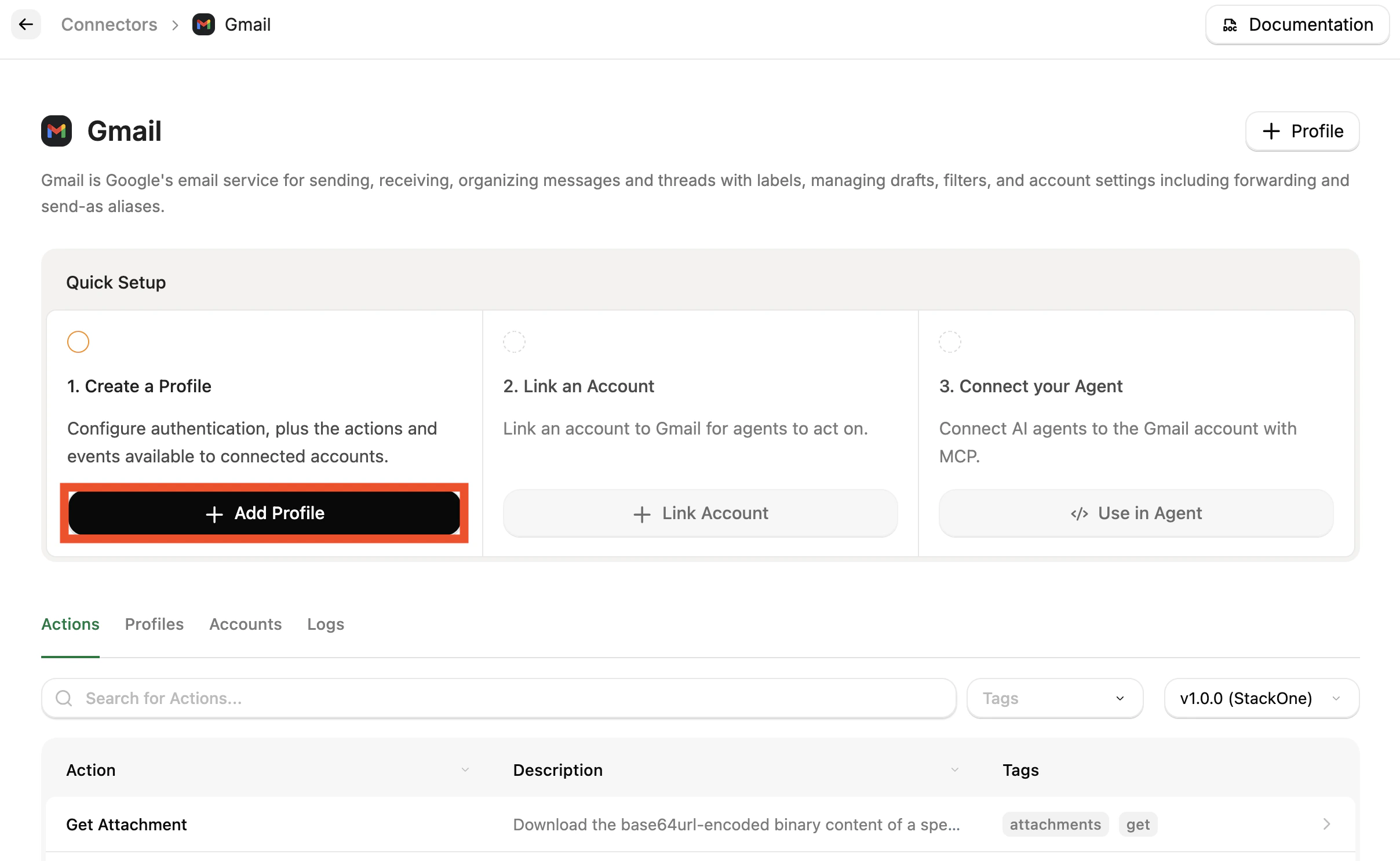 Connector page showing the Quick Setup section with an Add Profile button