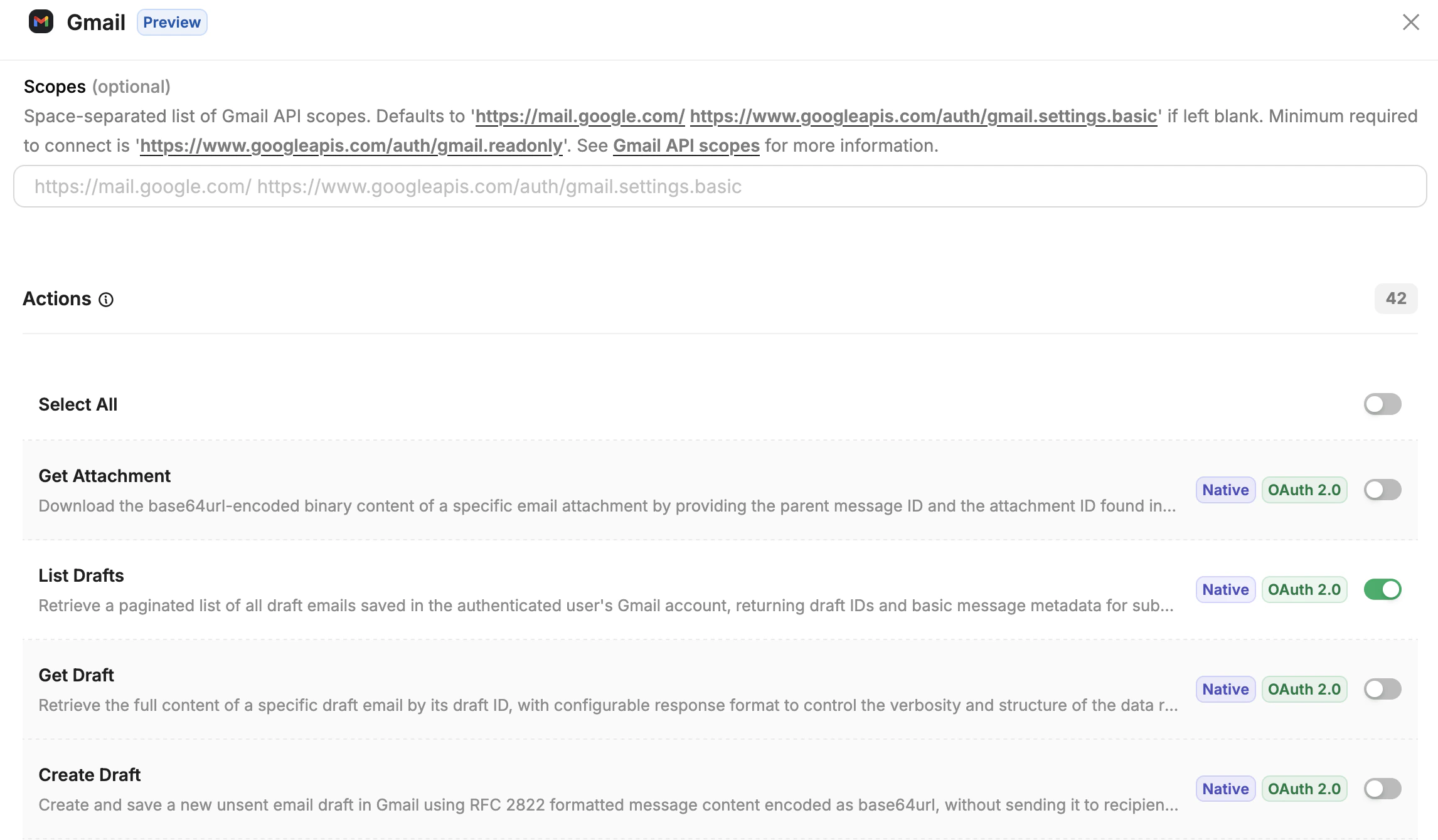 Action selection panel within the Connector Profile, showing per-action toggles
