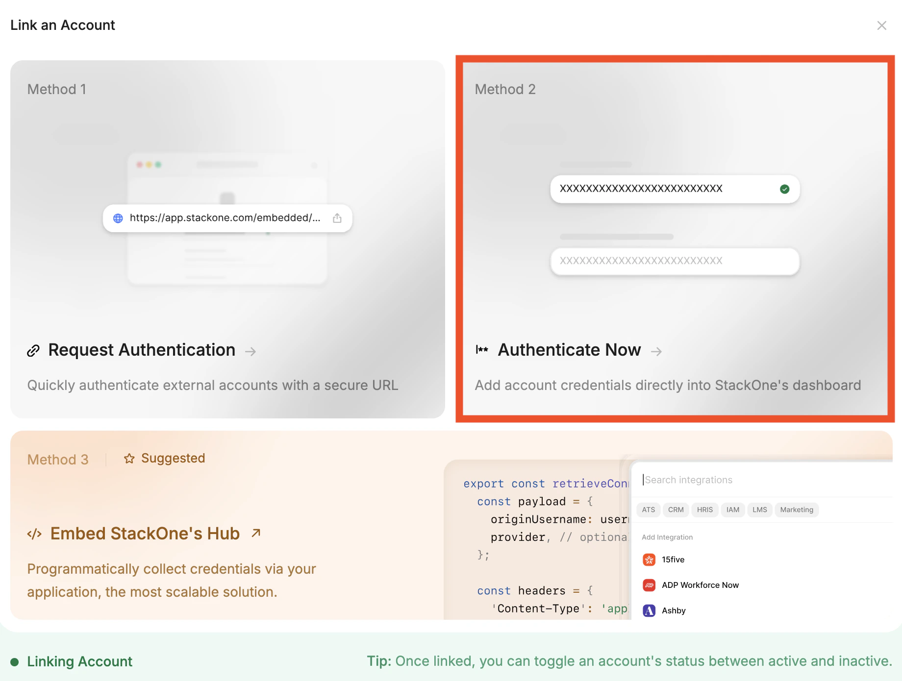 Link an Account popup showing the three connection methods with Method 2 - Authenticate Now selected