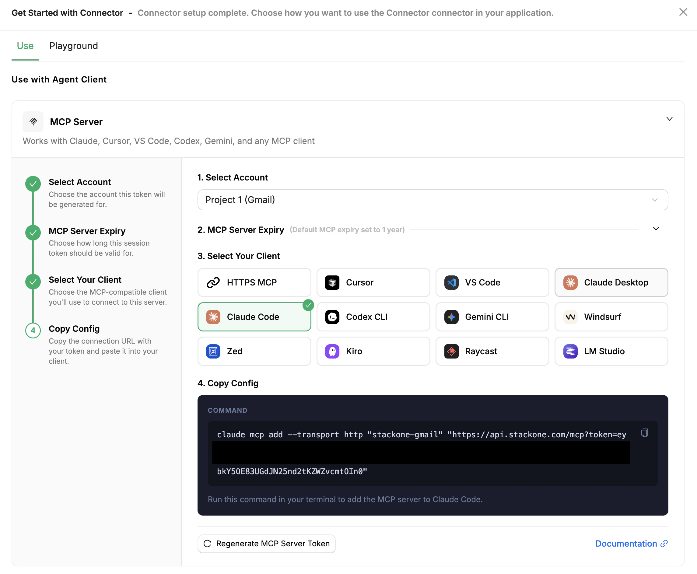 Use with Agent Client side panel showing MCP Server account selector, expiry, and agent client options