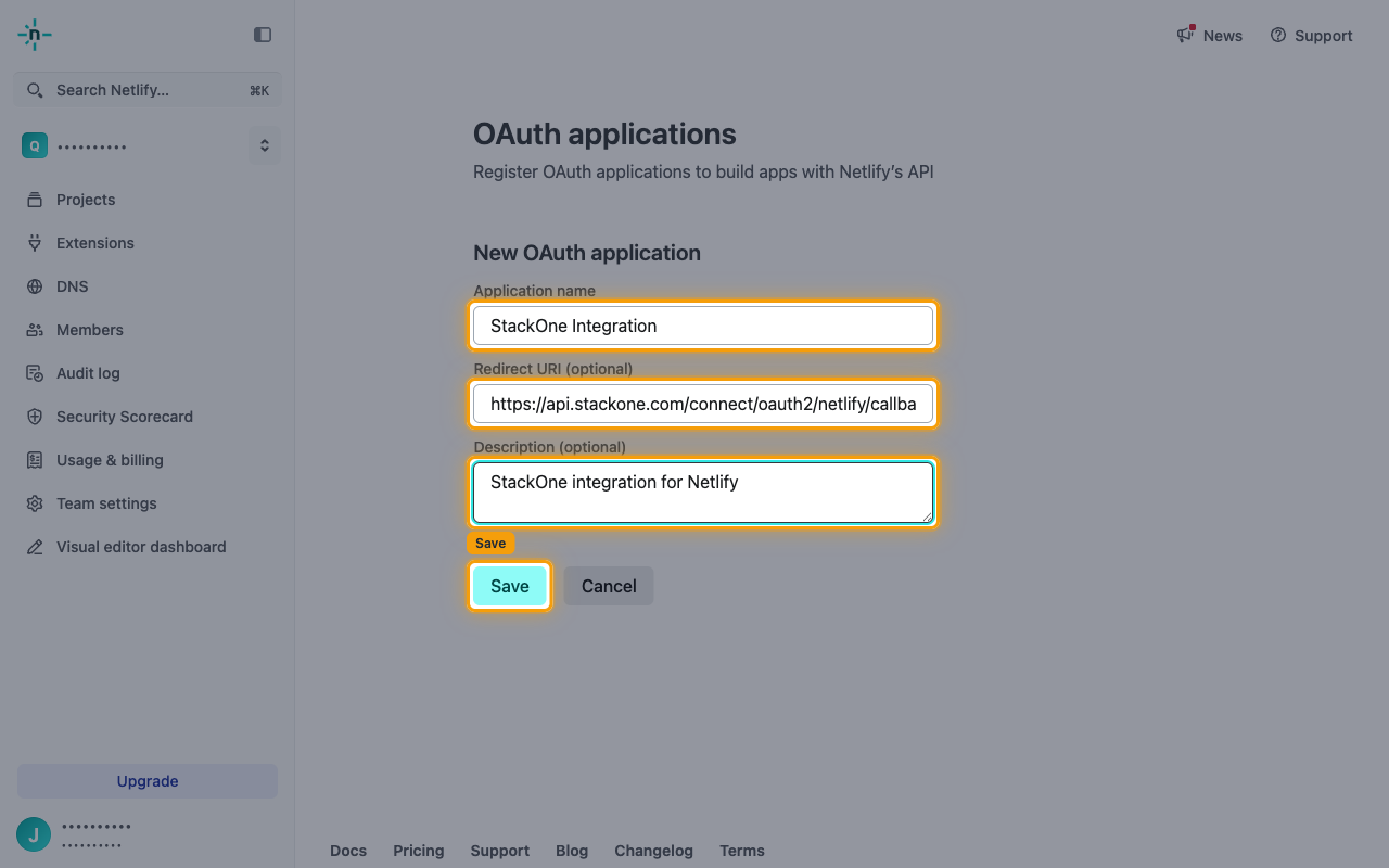 New OAuth application form filled in with Save highlighted.