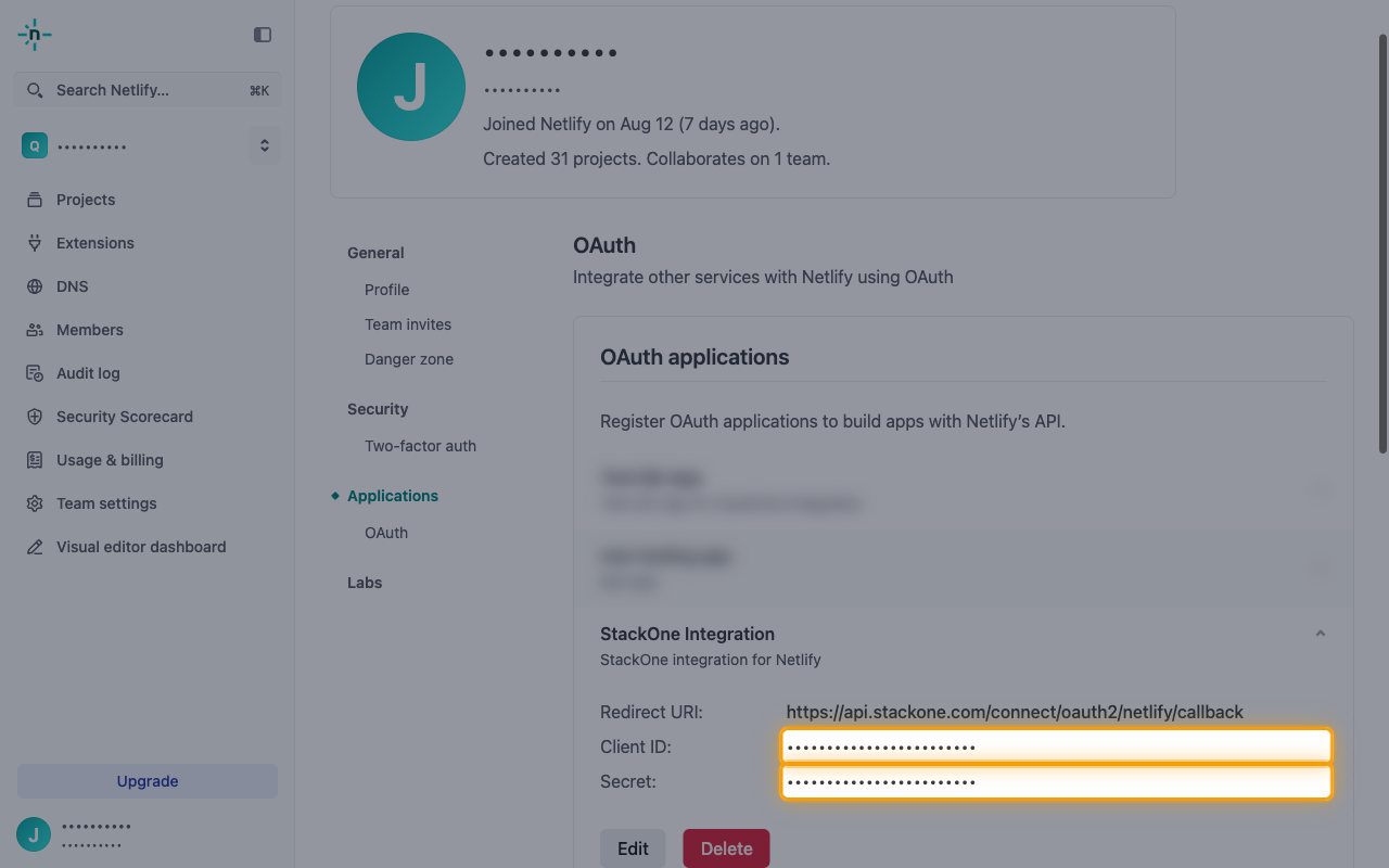 Expanded OAuth application with Client ID and Secret (redacted) highlighted.