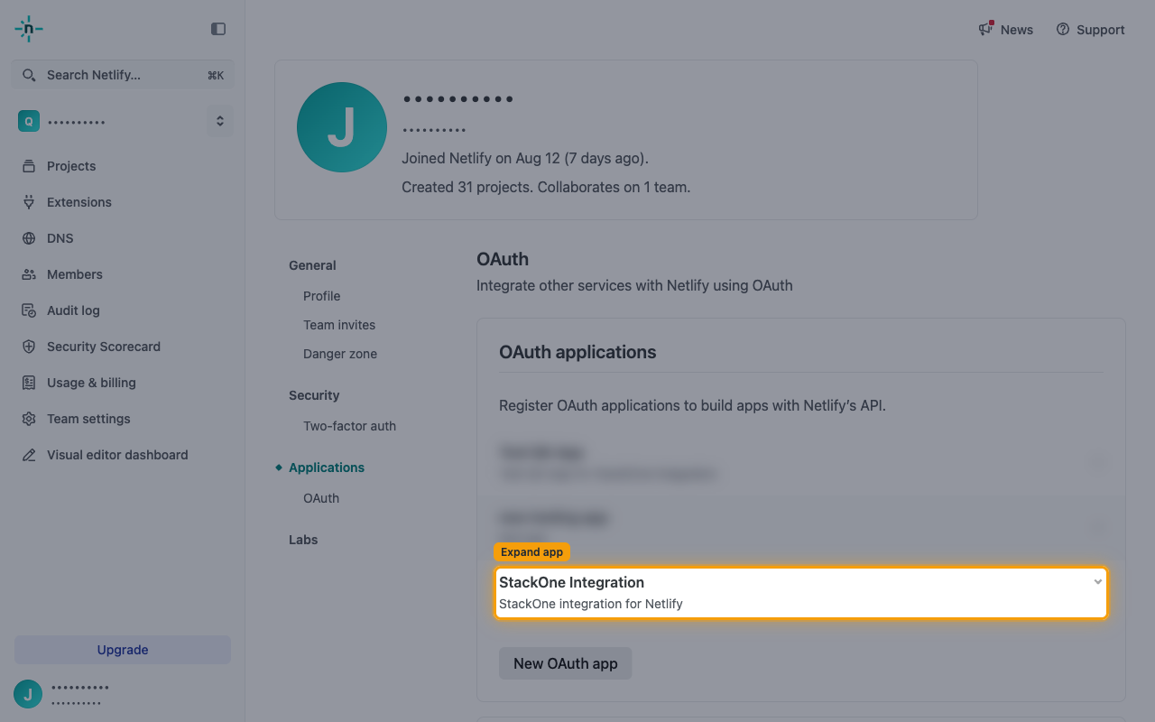 OAuth applications list with the collapsed application row highlighted.