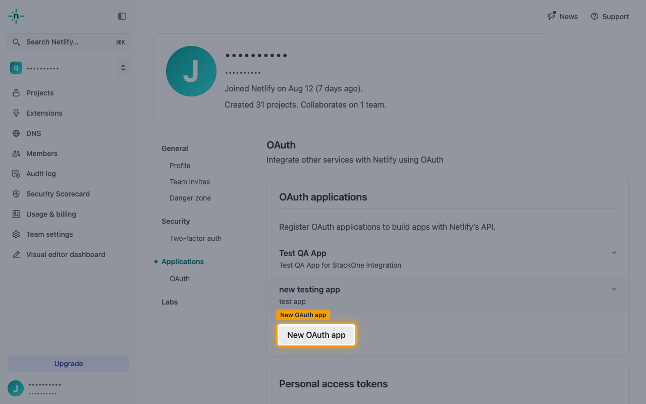 OAuth applications section with New OAuth app highlighted.