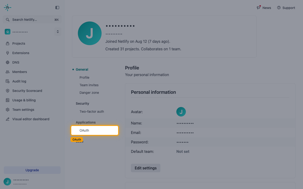 User settings sidebar with OAuth highlighted under Applications.