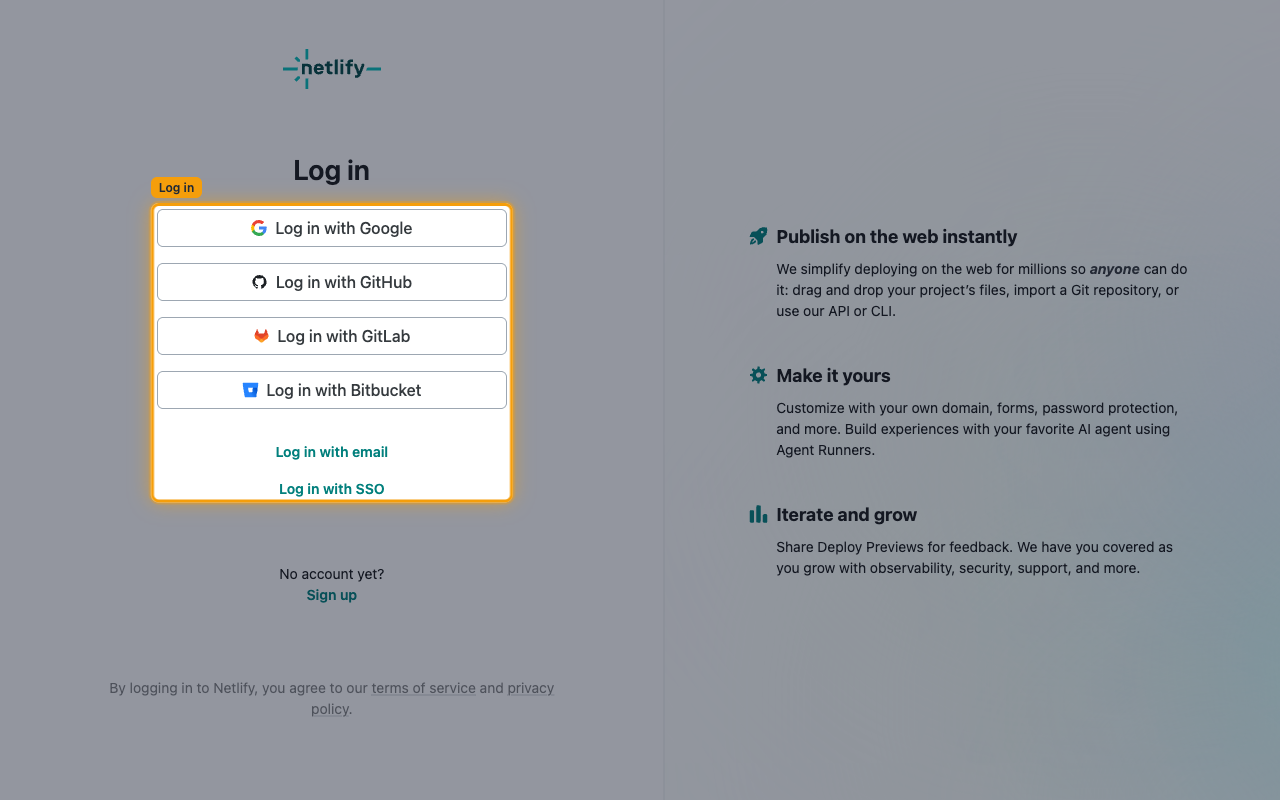 Netlify log in page with the log in options highlighted.