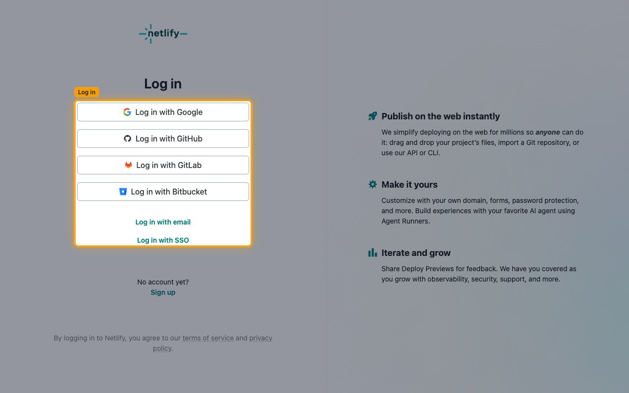 Netlify log in page with the log in options highlighted.