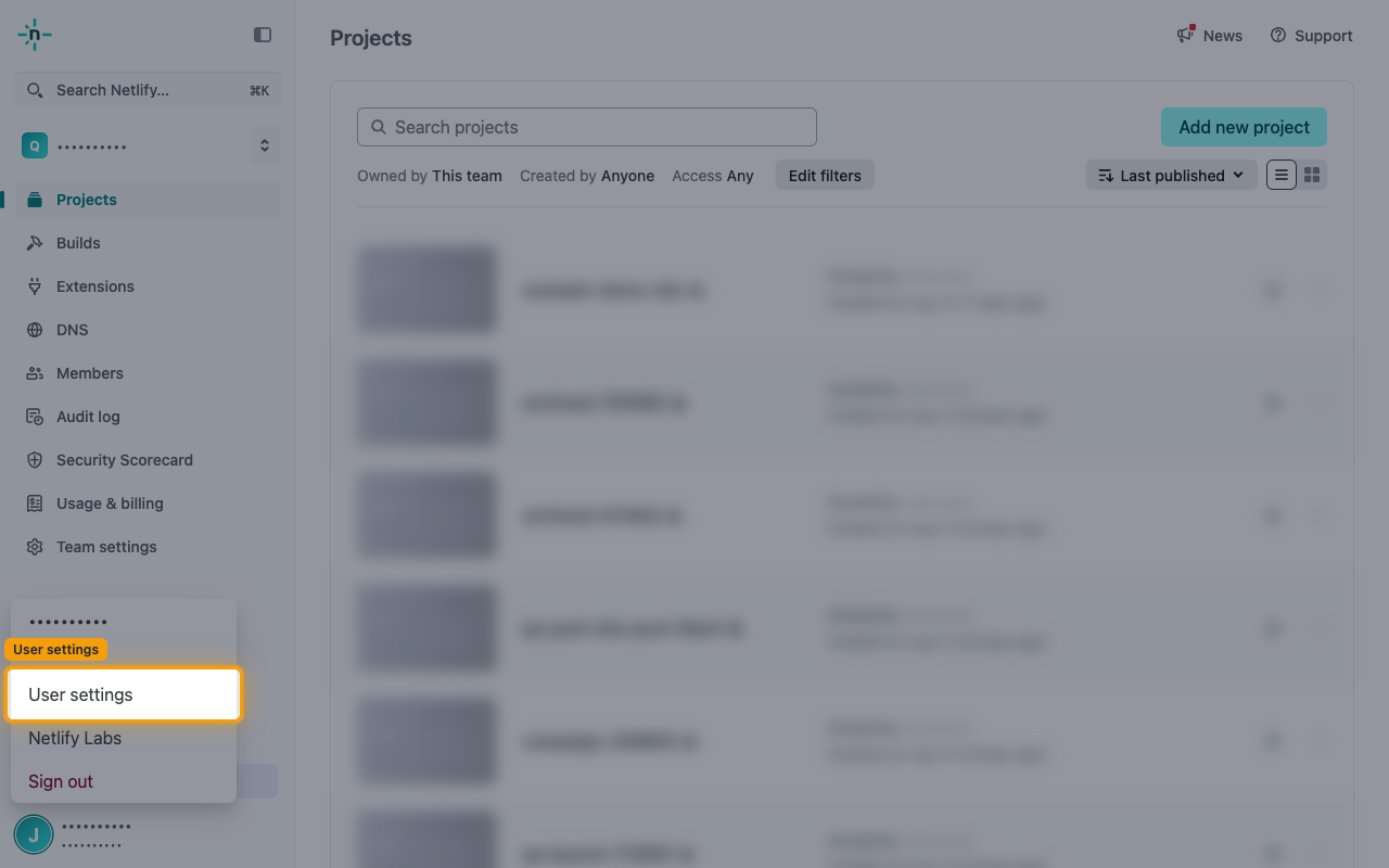 Netlify account menu with User settings highlighted.
