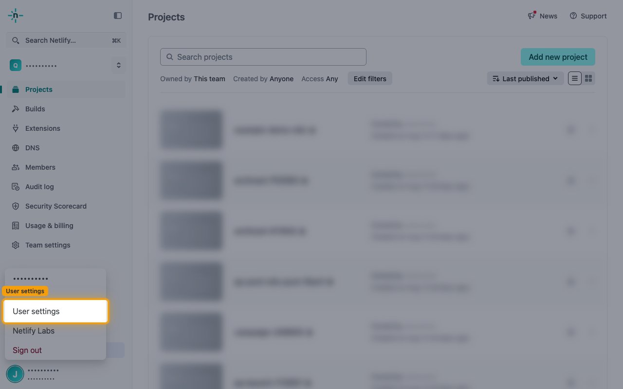 Netlify account menu with User settings highlighted.