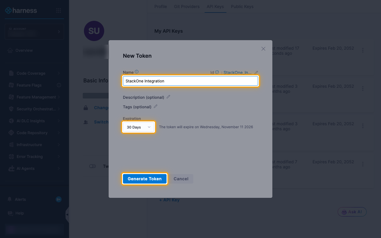 The New Token dialog with the Name field, the Expiration dropdown and the Generate Token button highlighted