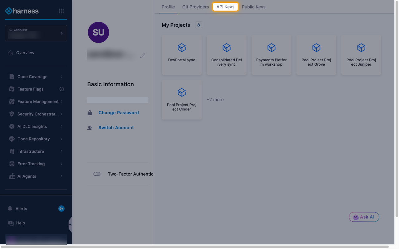 The profile page with the API Keys tab highlighted