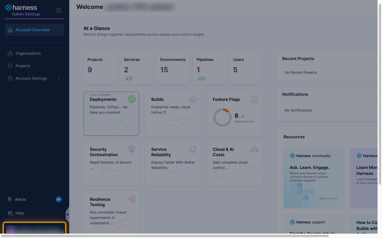 The Harness left navigation with the user profile entry at the bottom highlighted
