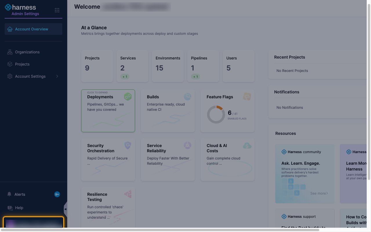The Harness left navigation with the user profile entry at the bottom highlighted