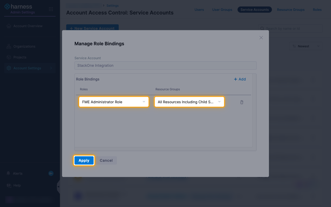 The Manage Role Bindings dialog with FME Administrator Role, All Resources Including Child Scopes and the Apply button highlighted