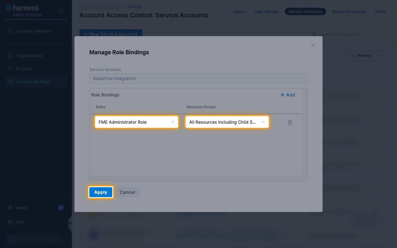 The Manage Role Bindings dialog with FME Administrator Role, All Resources Including Child Scopes and the Apply button highlighted