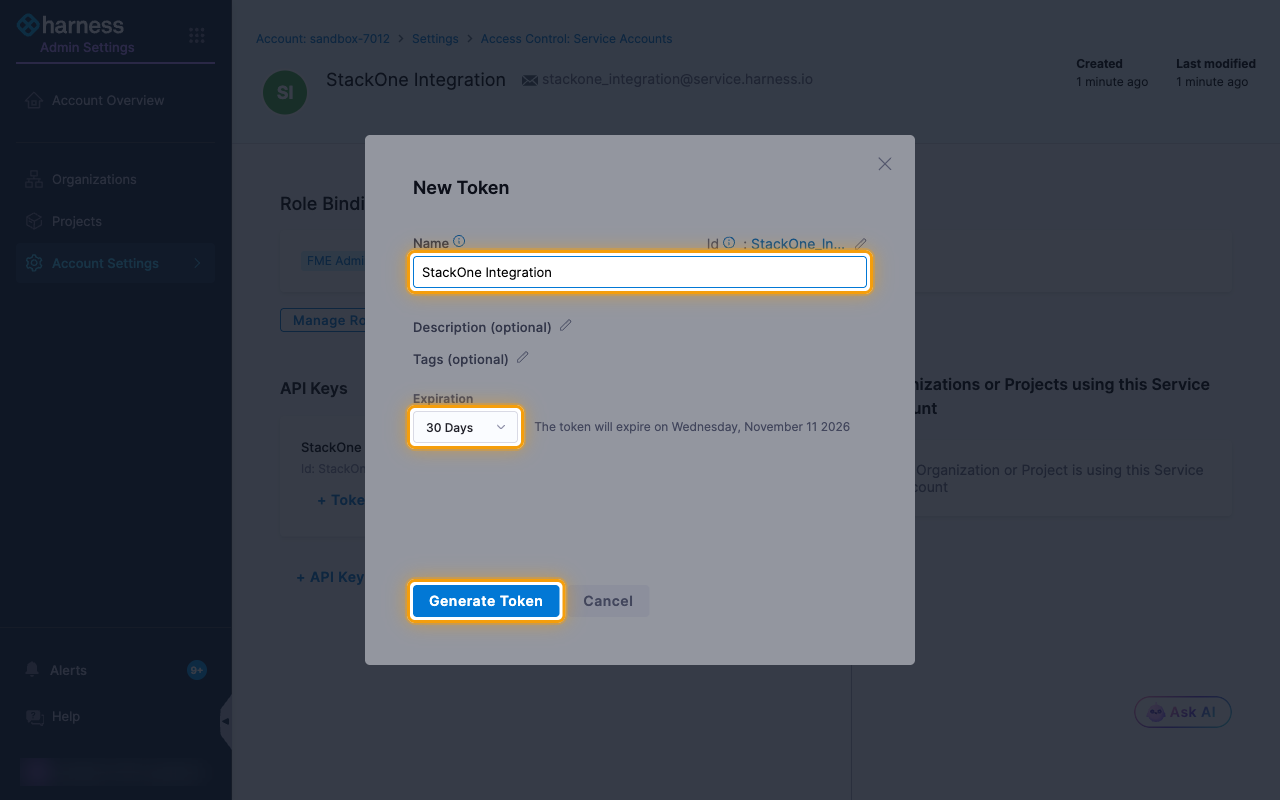 The New Token dialog with the Name field, the Expiration dropdown and the Generate Token button highlighted