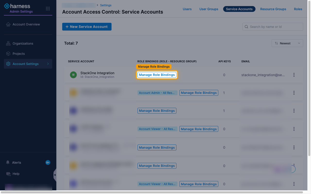 The service account list with the Manage Role Bindings button highlighted on the StackOne Integration row