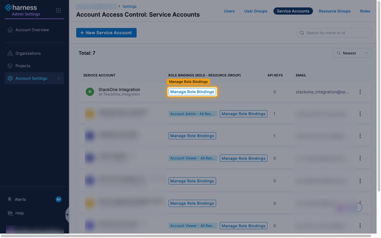 The service account list with the Manage Role Bindings button highlighted on the StackOne Integration row