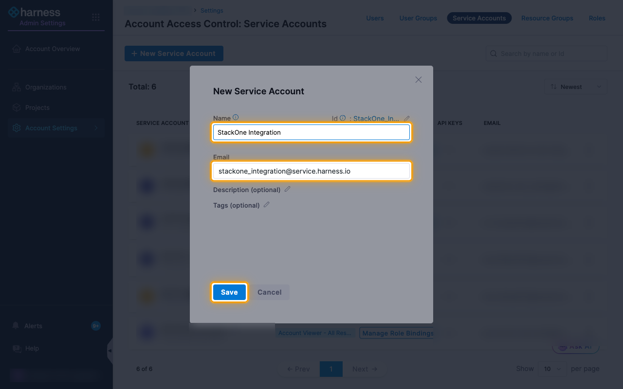 The New Service Account dialog with the Name and Email fields and the Save button highlighted