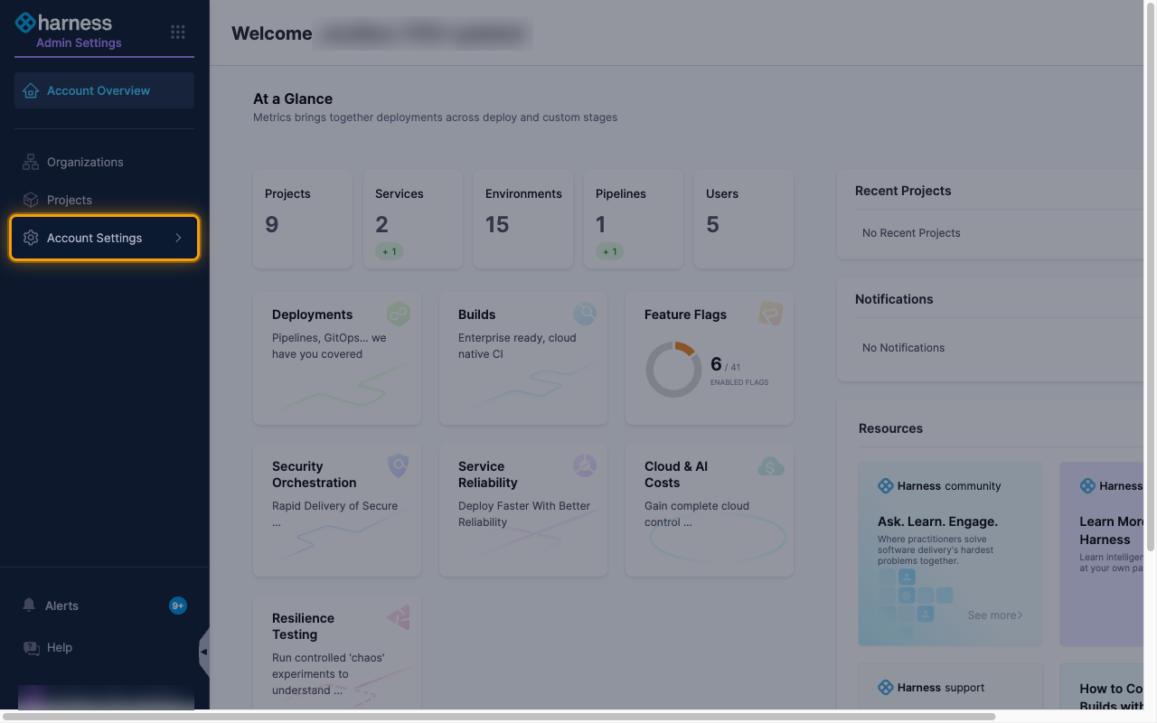 The Admin Settings overview with Account Settings highlighted in the left navigation