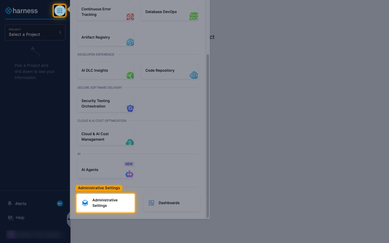 The Harness module menu open, with the menu icon and Administrative Settings highlighted