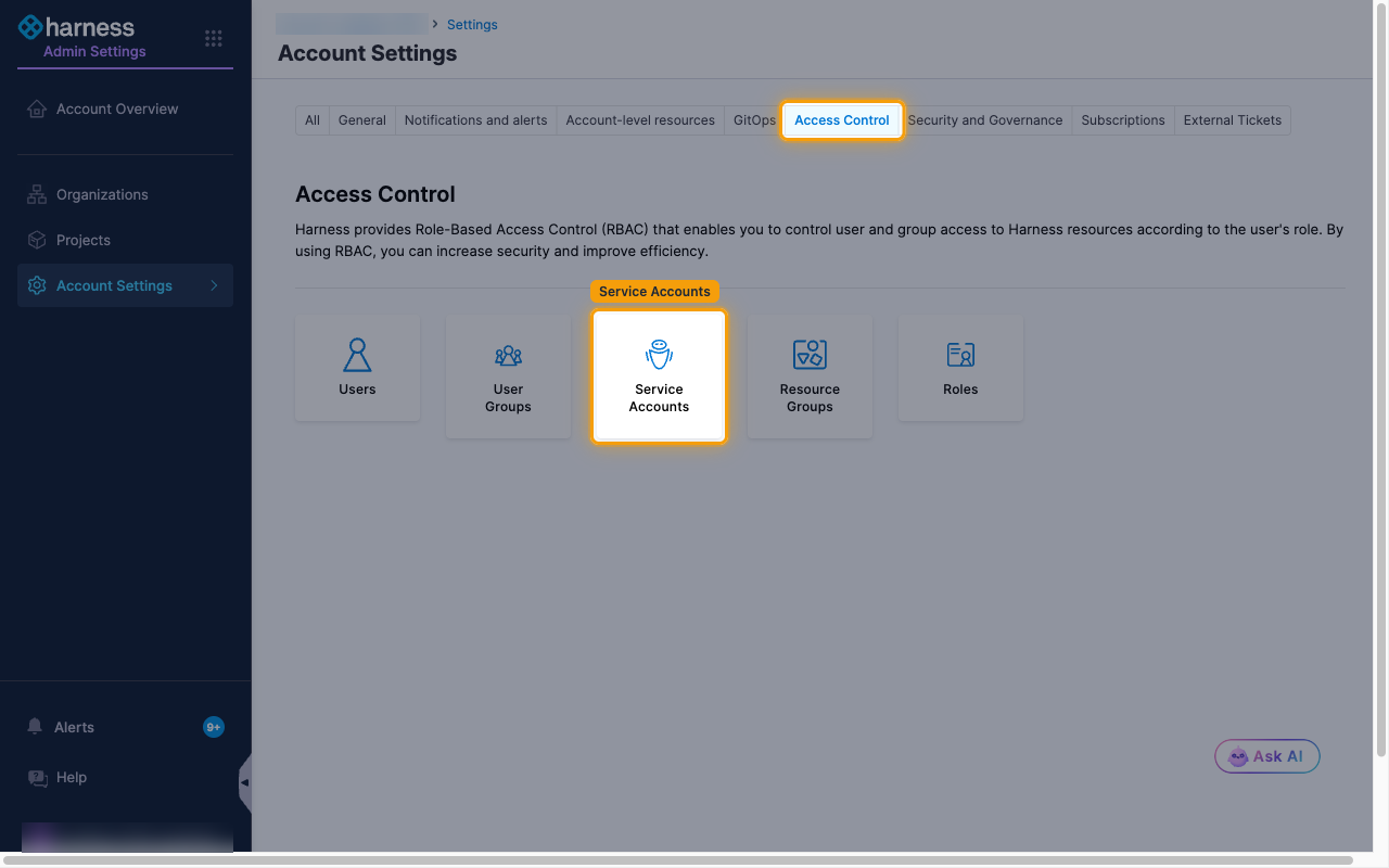 The Account Settings page on the Access Control tab, with Service Accounts highlighted