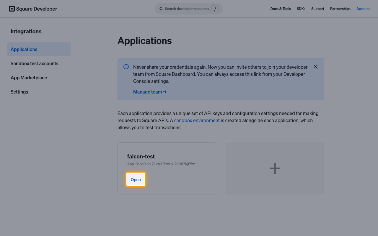 Square Developer Console Applications page with the Open button highlighted on the app card