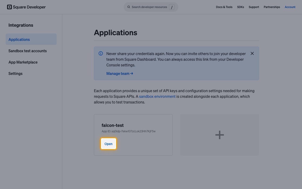 Square Developer Console Applications page with the Open button highlighted on the app card
